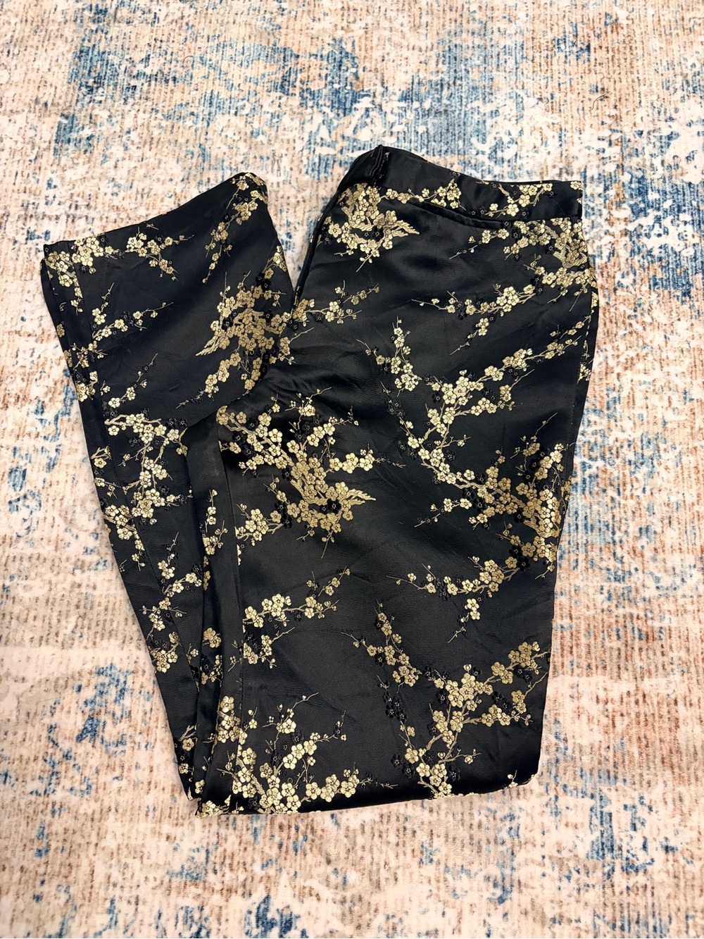 Black Floral Straight-Leg Pants with Gold Blossom Print fit like a M/L